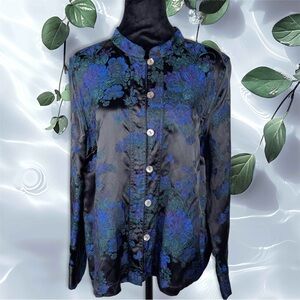 French Laundry Petite Asian Collarless Long Sleeve Blouse Black/Blue/Green